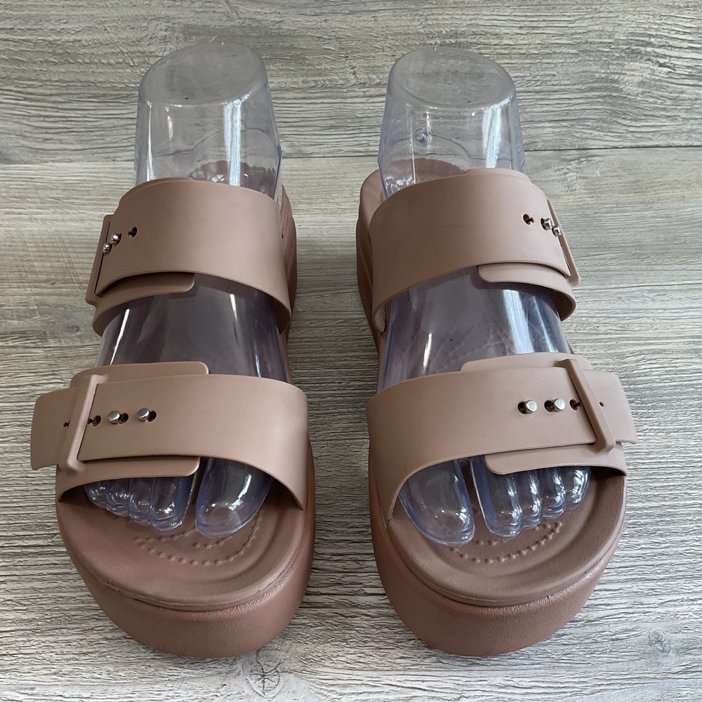 Crocs Lite Ride Beige Brooklyn Platform Sandals Mid Wedge Buckle Slide Women's 9 - Picture 2 of 15